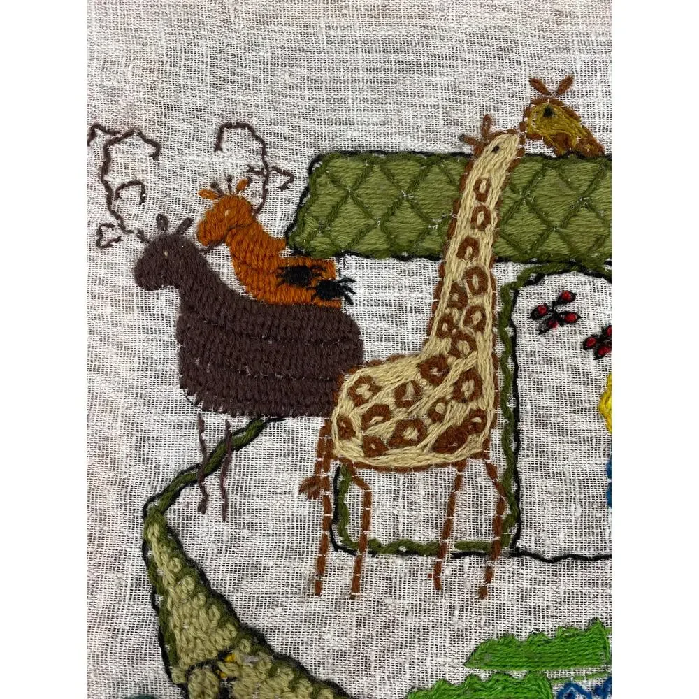 Vintage 1970s Embroidered Noah’s Ark Crewel Stitch Folk Art Nursery Picture